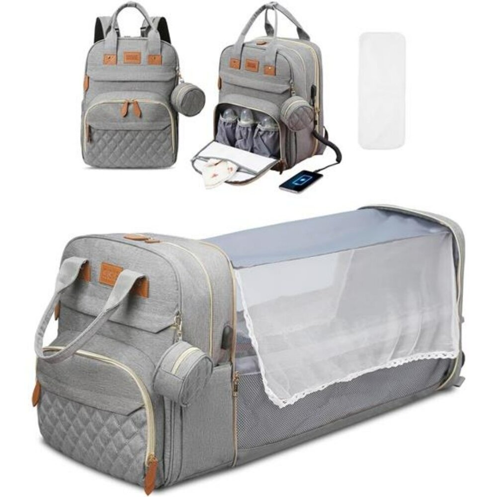 Large diaper bag backpack with changing station waterproof travel baby bag grey
